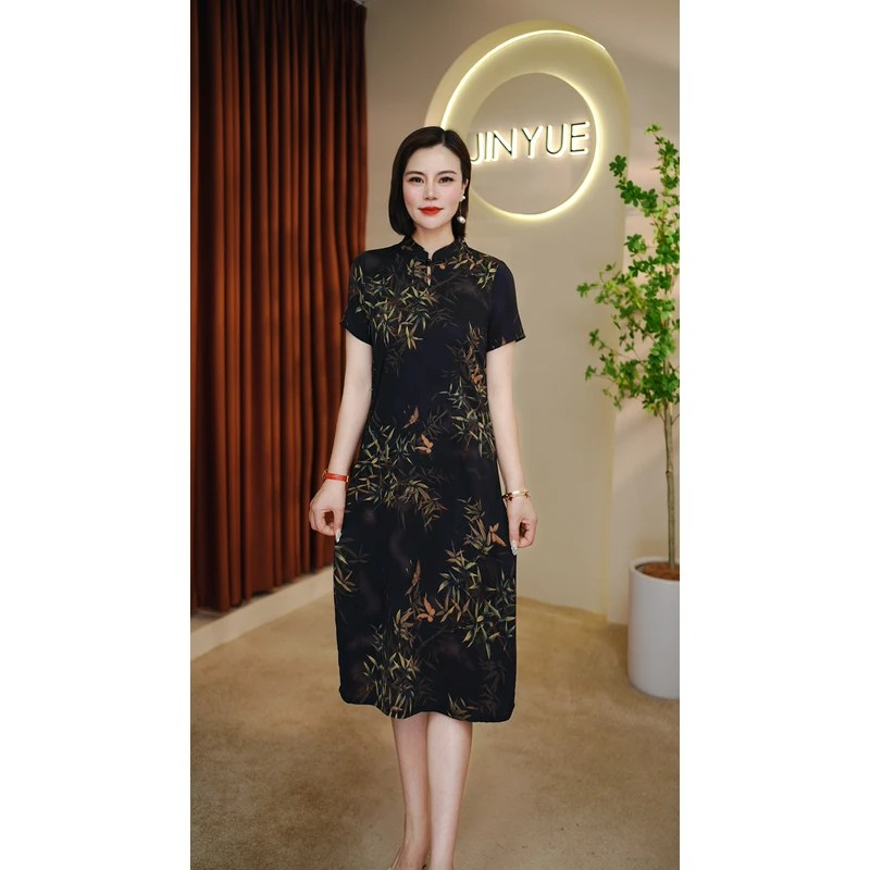 【遇见妳】6067新款夏季圆领竹报平安连衣裙时尚收腰休闲气质连衣裙