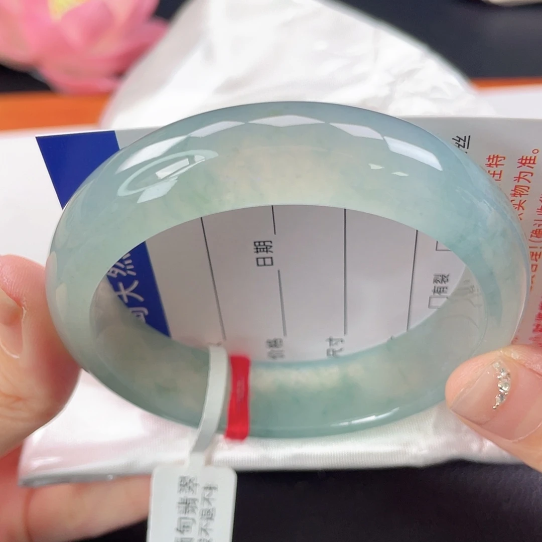 翡翠未镶嵌手镯35号蓝冰种水宽版飘花轮胎9644