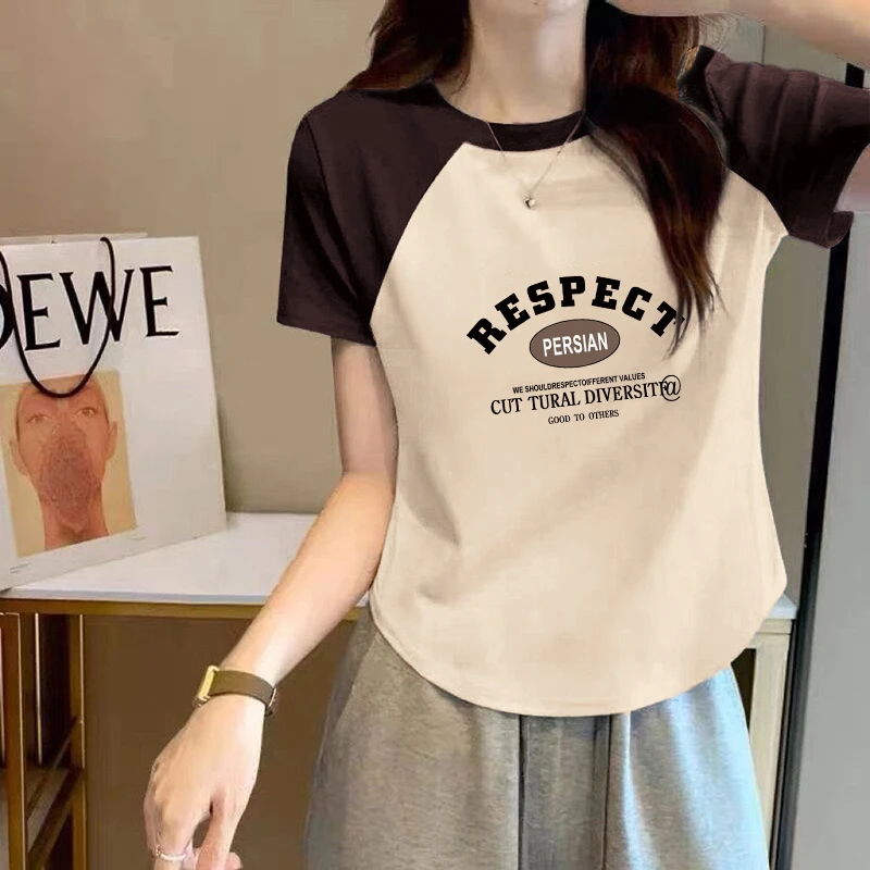 大码胖mm纯欲风辣妹修身短袖T恤女士夏季韩版撞色插肩袖圆领上衣