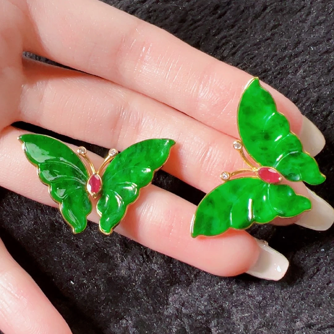 翡翠18K金镶嵌耳饰签收后24小时鉴赏期,过时不退