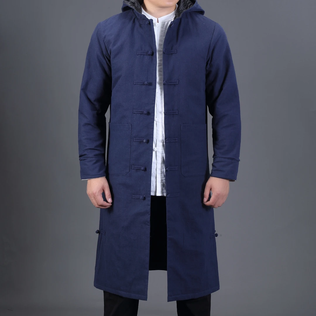 蒙鲤2025冬季长款男士棉衣中国风过膝连帽双排扣保暖外套休闲棉衣