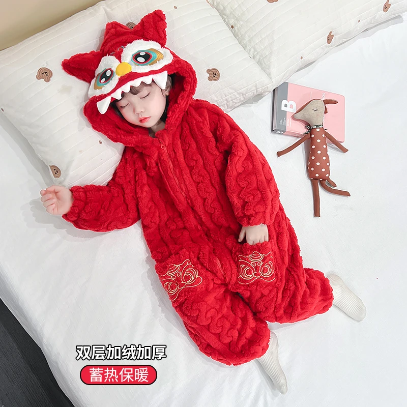 儿童连体睡衣秋冬双层加厚珊瑚绒睡袋婴儿拜年服宝宝红色喜庆衣服