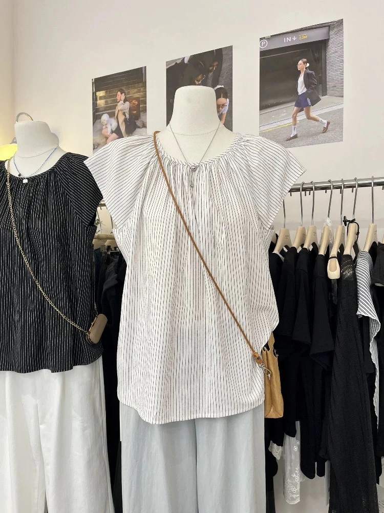 初夏傍晚~小飞袖条纹设计衬衣女夏休闲娃娃衫