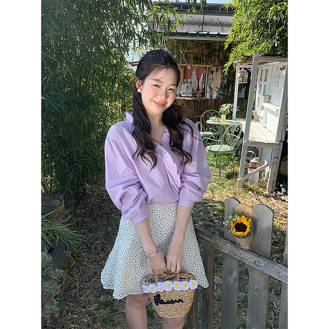 火火火【春日记】韩系宽松花边拼接衬衫上衣C29847HH51