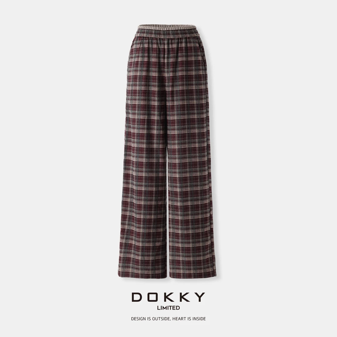 Dokky「早八格纹裤」定纺磨毛面料.经典格纹.直筒休闲裤D0221