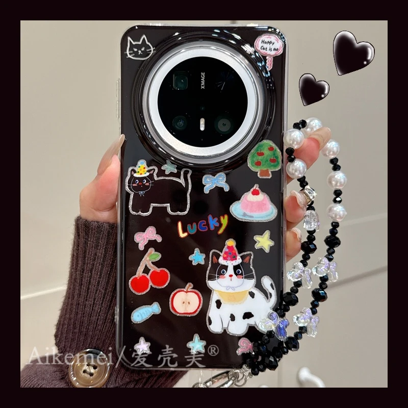 适用华为mate70pro+手机壳卡通可爱mate60pro+樱桃蛋糕猫咪链条女