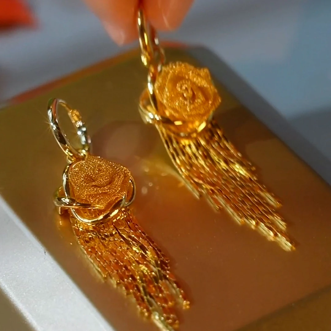 铜合金耳饰 波光粼粼镂空黄花流苏耳扣2025年新款流行气质耳坠女