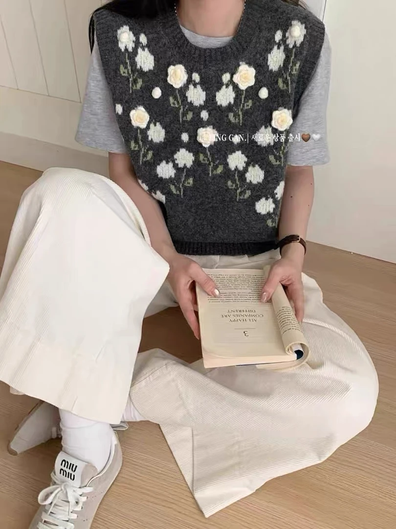 秋季新款韩系时尚百搭立体钩花毛衣背心宽松叠穿针织马甲上衣2493