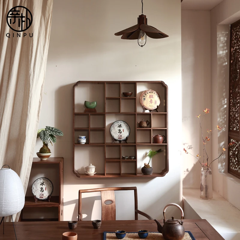 千山九宫格北美黑胡桃木实木墙上多宝格茶室博古架茶饼茶杯置物架