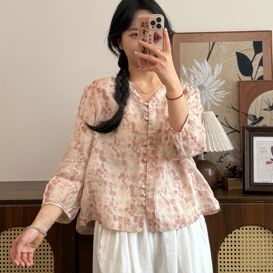 【常樂】早春“烟花三月”文艺复古宽松苎麻小衫809