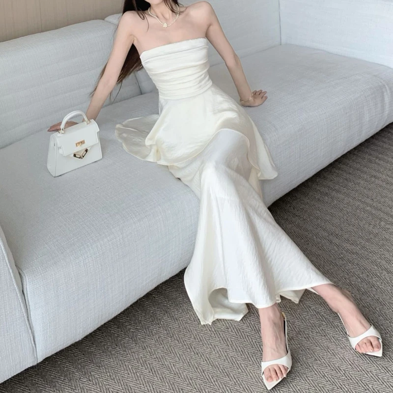 时尚气质缎面抹胸套装女夏季薄款高级感褶皱上衣+高腰显瘦半身裙