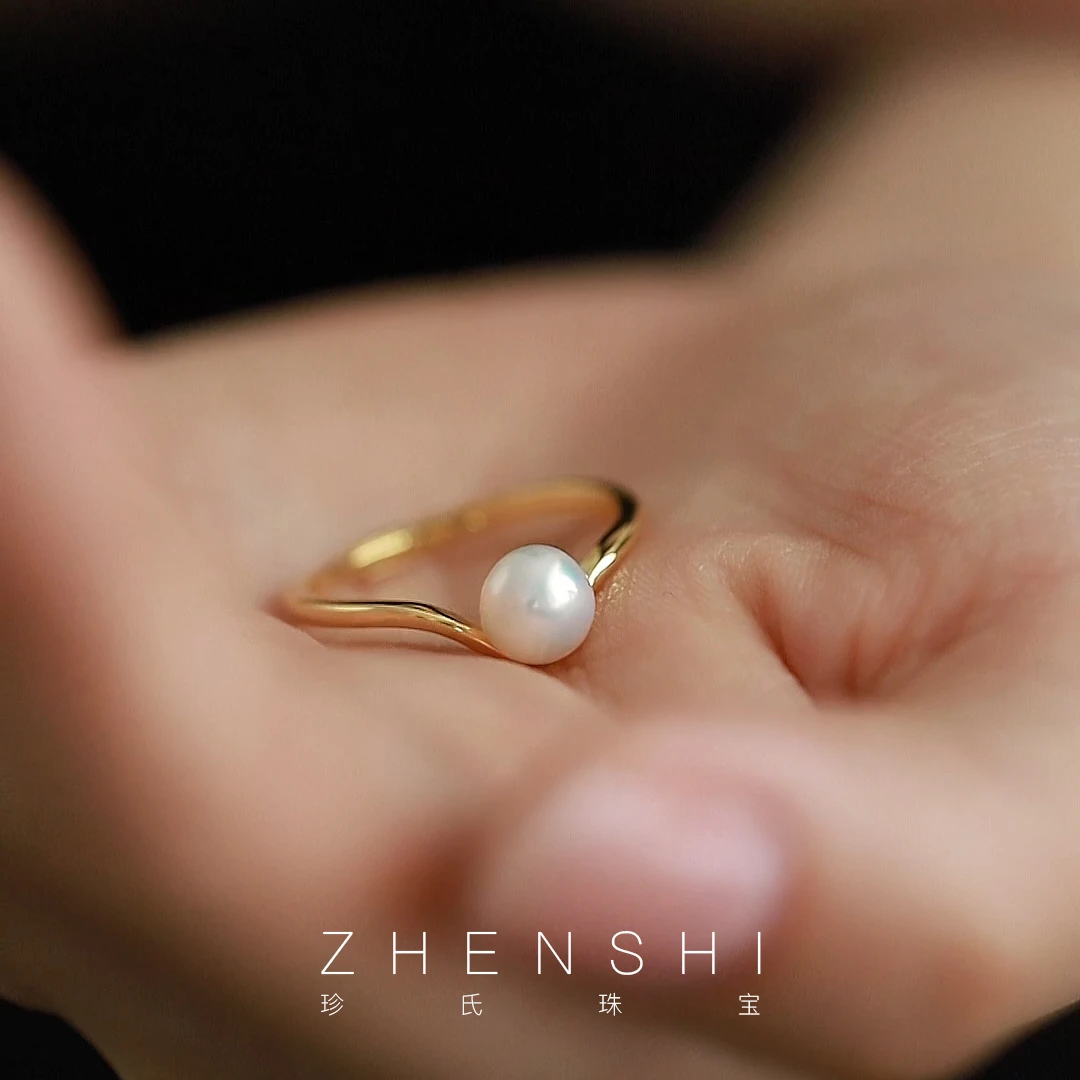 珍氏珠宝 天然淡水珍珠戒指女款 时尚简约轻奢开口食指戒（弦月）