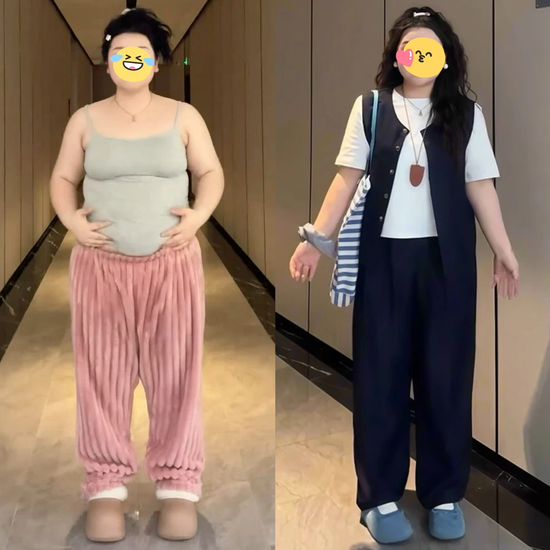 大码女装纯色短袖百搭T恤夏季微胖mm时尚简约马甲阔腿裤三件套装