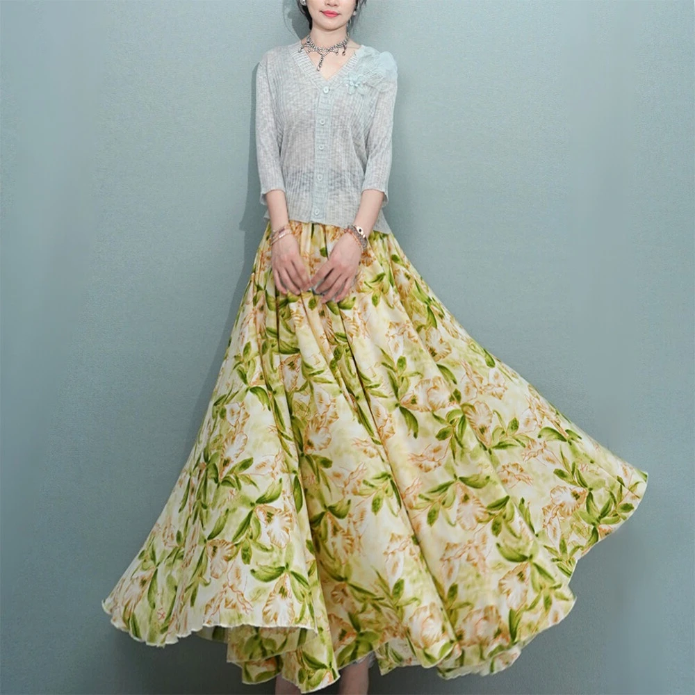 焕小沫720度大摆裙春夏季垂感丝滑长款半身裙显瘦大码清新印花裙