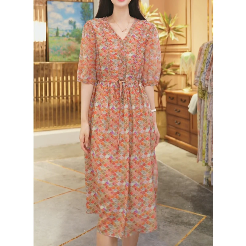 【堇兰桑蚕丝】春夏气质真丝裙印花收腰桑蚕丝连衣裙女YYQ25-1060