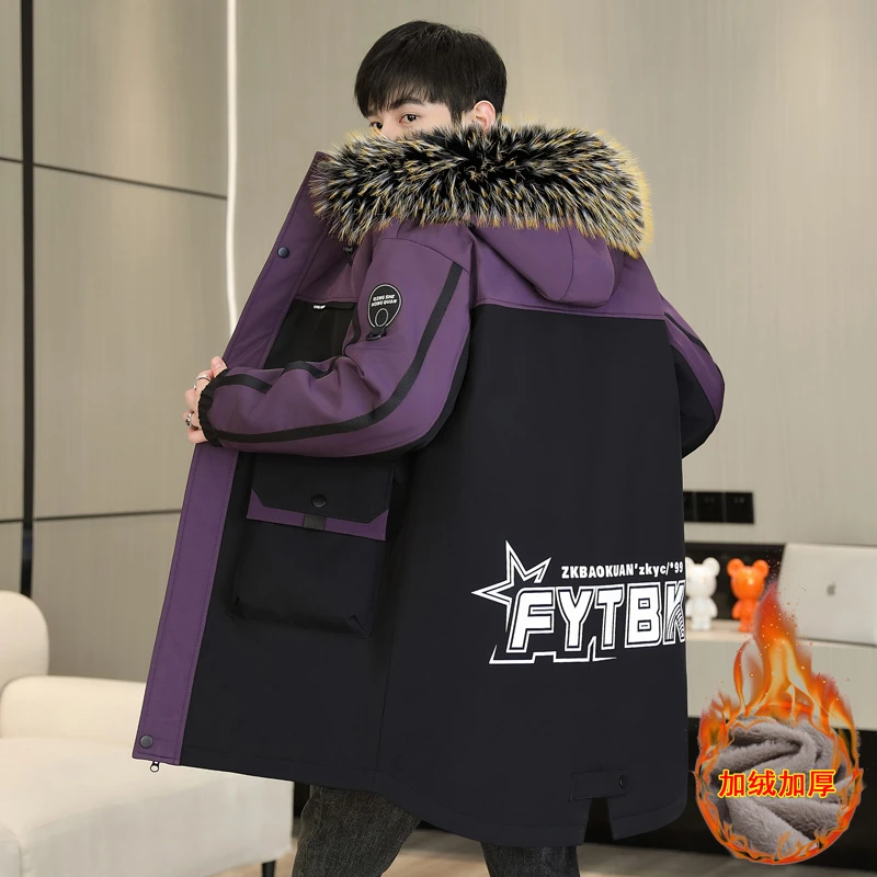 男士棉衣加绒加厚冬季中长款初高中学生青少年男孩子外套保暖棉服