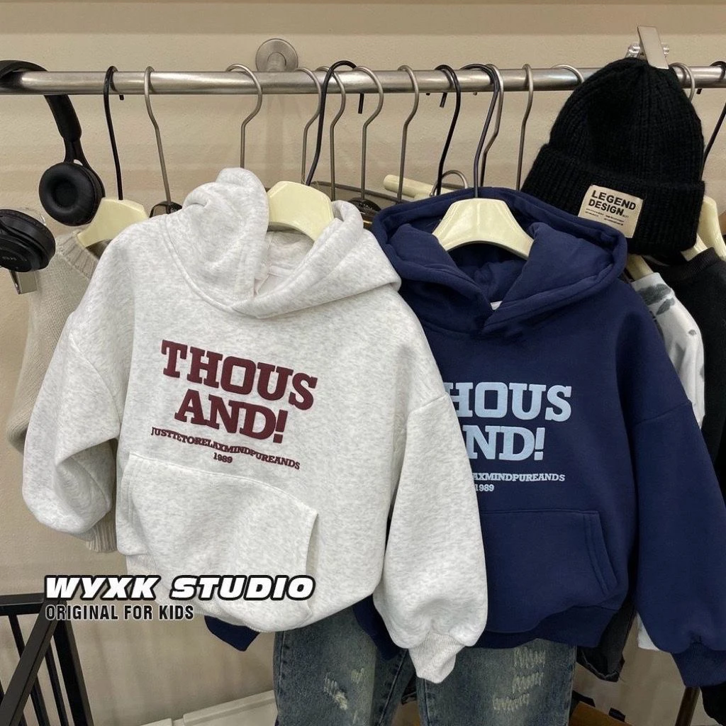 新款加绒字母印花连帽卫衣一体绒奥利绒2023冬季新宝宝儿童秋冬装