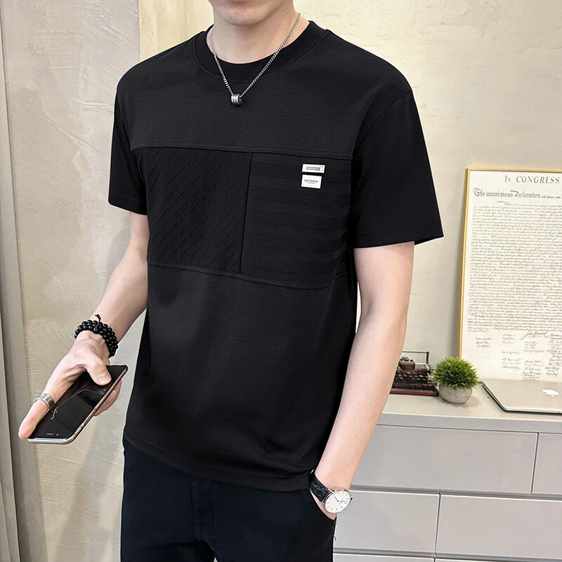 夏季圆领简约透气短袖T恤潮流休闲上衣纯色男士百搭修身半袖