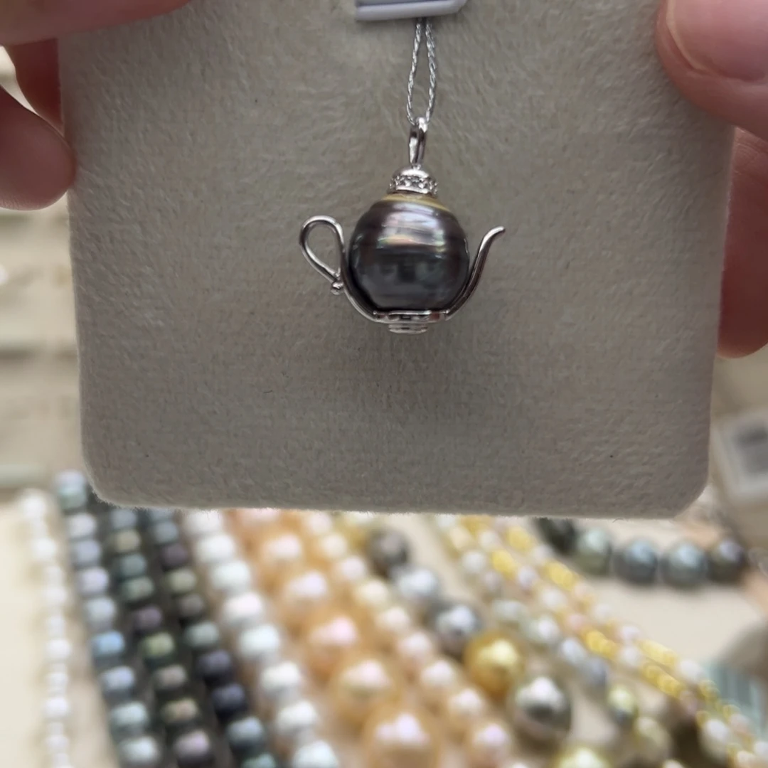 银S925镶嵌吊坠(不含链)海水珍珠12mm大溪地把把壶