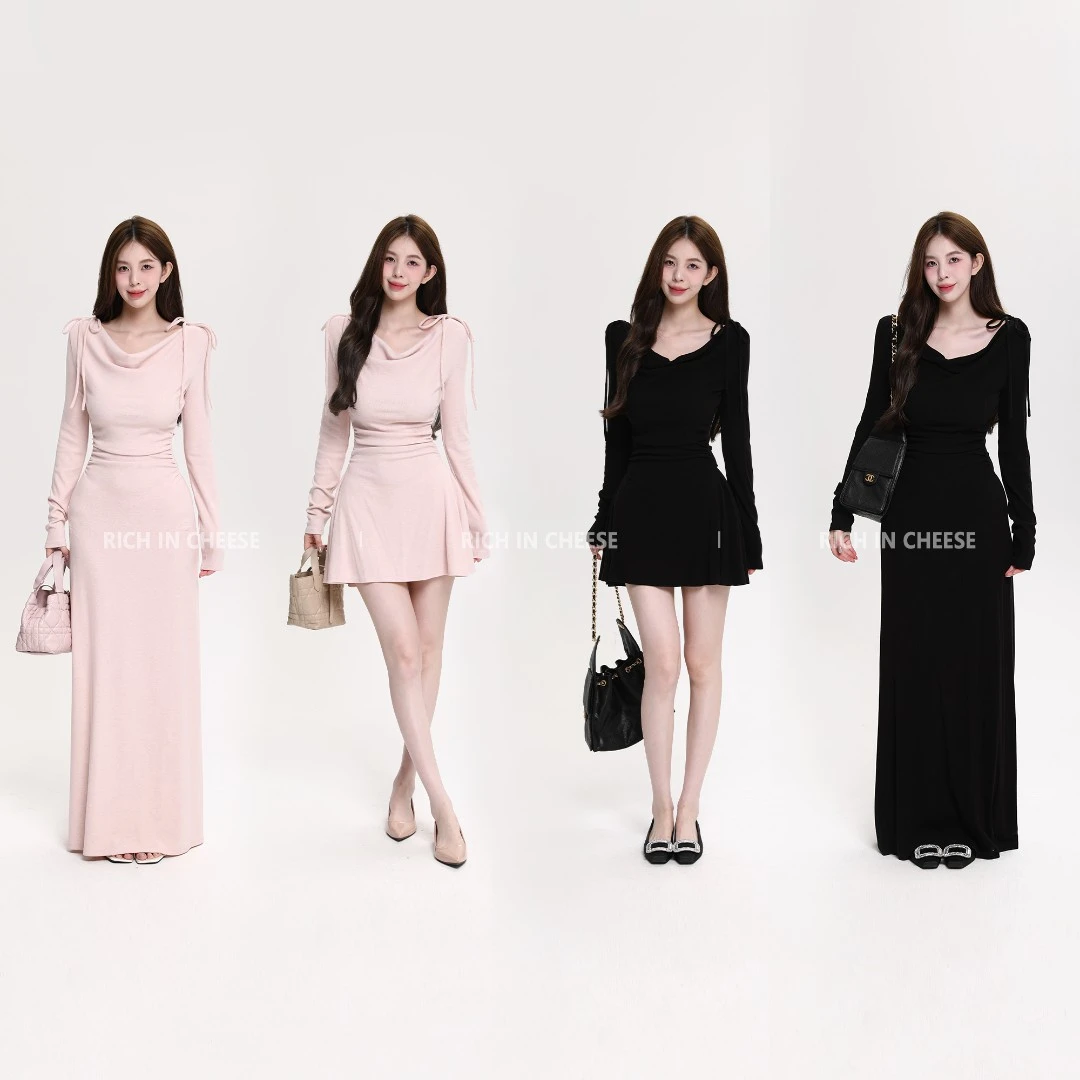 舒胡蕾 秋日韩味【一裙三穿】 蝴蝶结荡领三穿抽褶弹力针织连衣裙