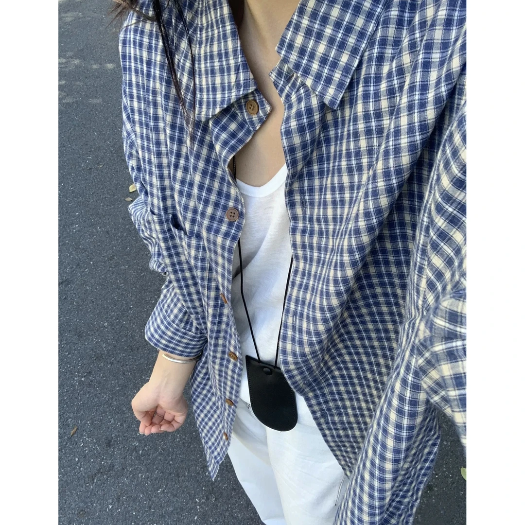 慵懒复古风宽松长袖格纹女衬衫韩版早春新品通勤休闲薄款