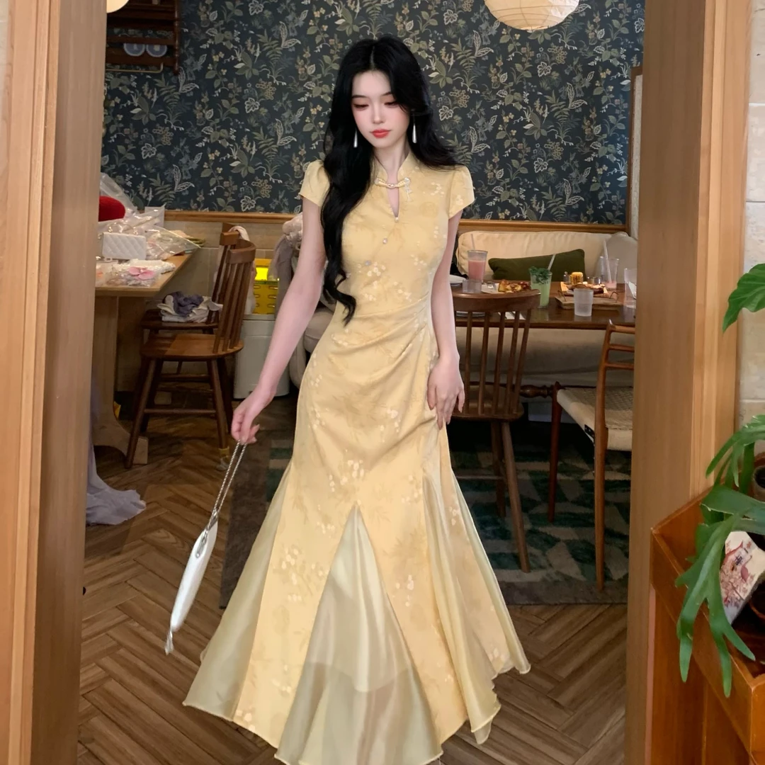 Blovelan玉穗金澜 国风清冷艺术感温婉连衣裙复古改良立领旗袍