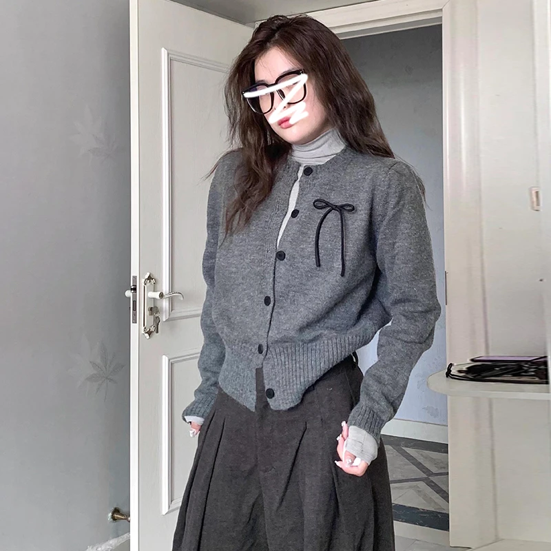 蝴蝶结灰色毛衣开衫秋冬打底衫女款爆款2024新款修身针织外套6240