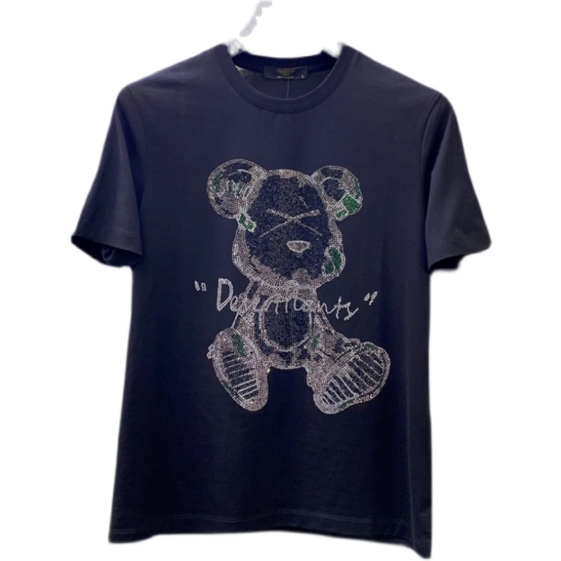施摩瓦戈夏季潮牌百搭烫钻小熊男士短袖T恤宽松圆领休闲半袖上衣
