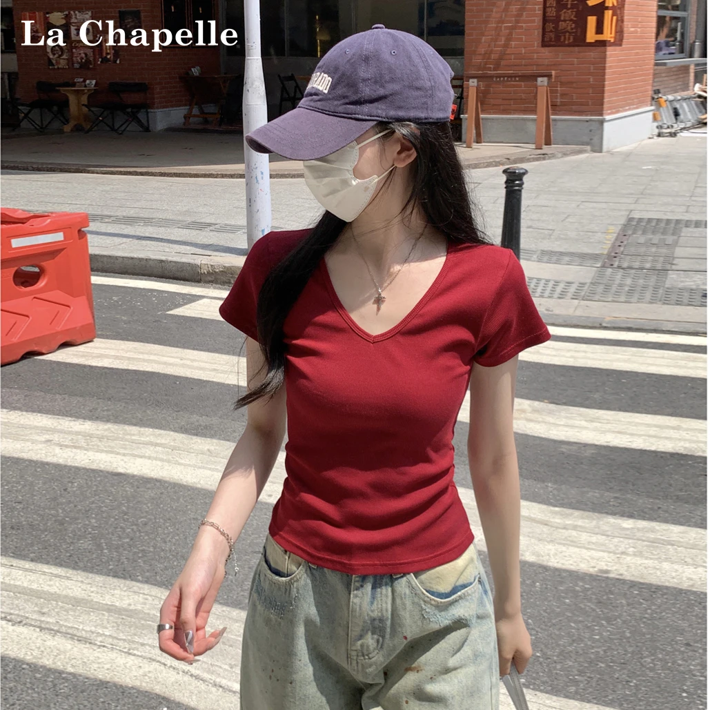 拉夏贝尔2025夏季新款韩版修身正肩v领百搭纯色显瘦T恤短袖上衣女