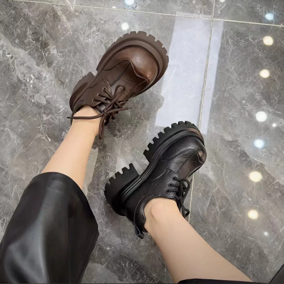 欧货英伦风时尚大头乐福鞋女2025秋季新款厚底德比系带JK小皮鞋潮