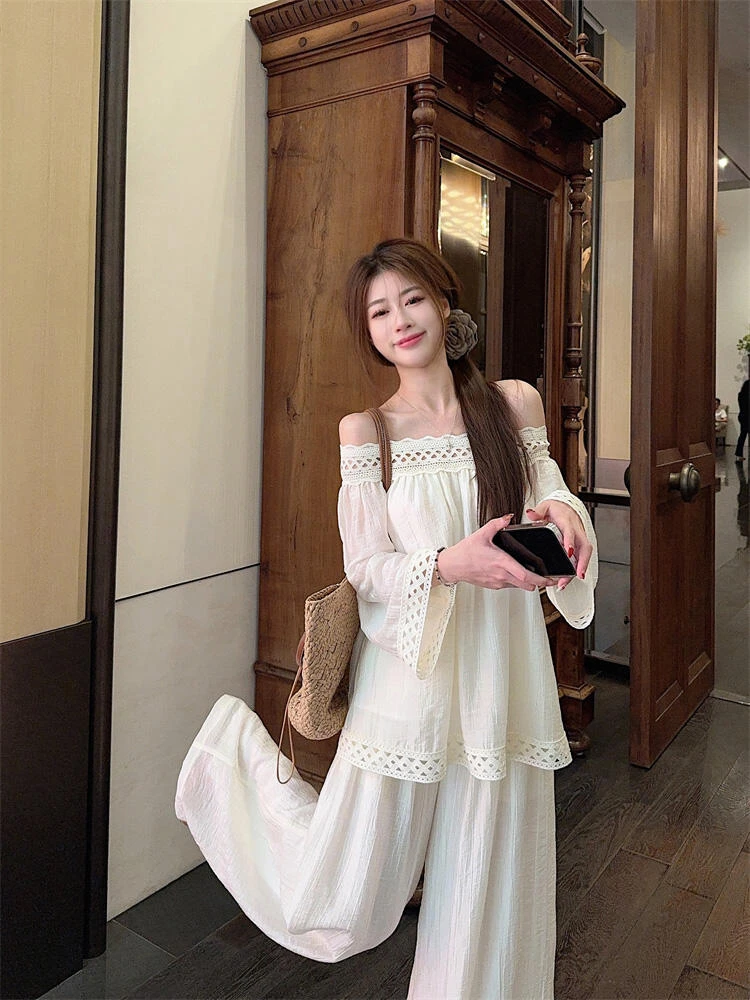 老钱慵懒风简约气质两件套女刺绣质感花边一字肩宽松上衣长裤套装