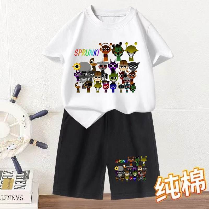 Sprunki节奏盒子衣服儿童短袖套装2025年新款夏季半袖五分裤套装