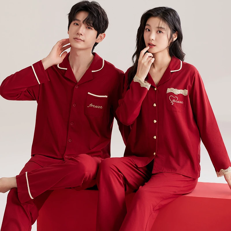 新婚结婚情侣睡衣秋冬季纯棉长袖男女士大红色家居服套装2025新款