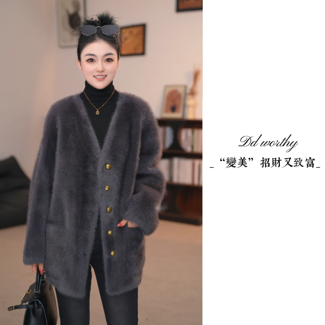 【豆豆】V领中长款毛毛外套女2025新款时尚百搭宽松气质上衣