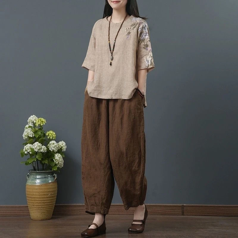 上衣女薄夏季民族风刺绣大码宽松文艺复古中式套装女装T恤衫