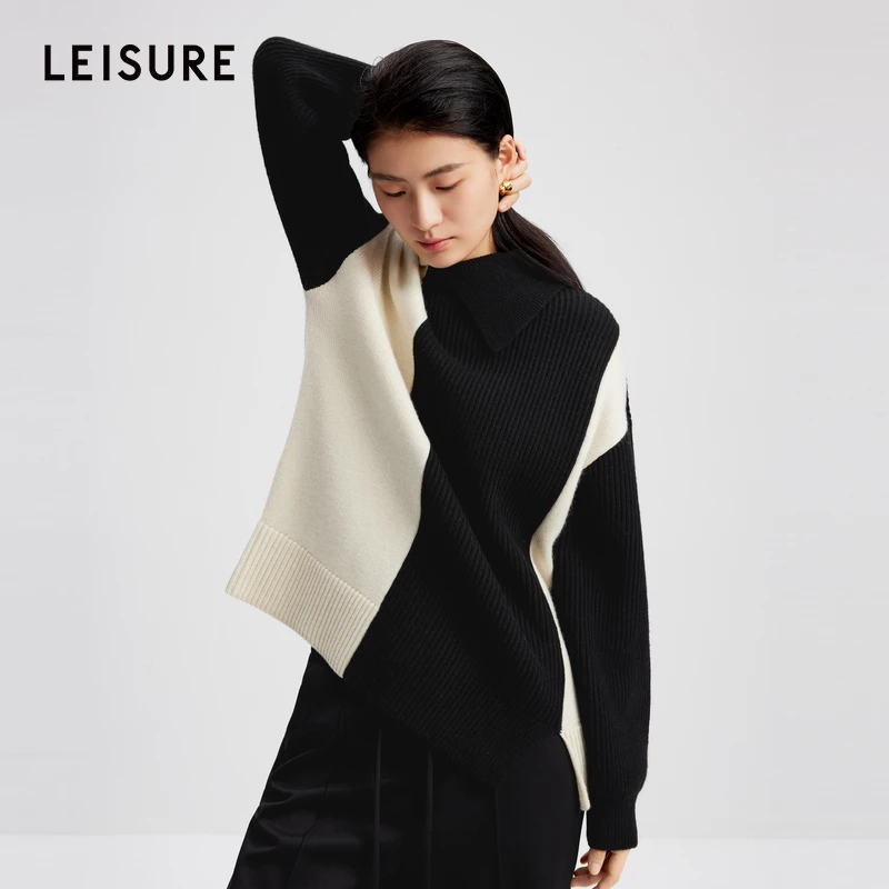 小云总专属LEISURE/三彩丽雪不规则黑白色块拼接宽松廓形毛衫1193