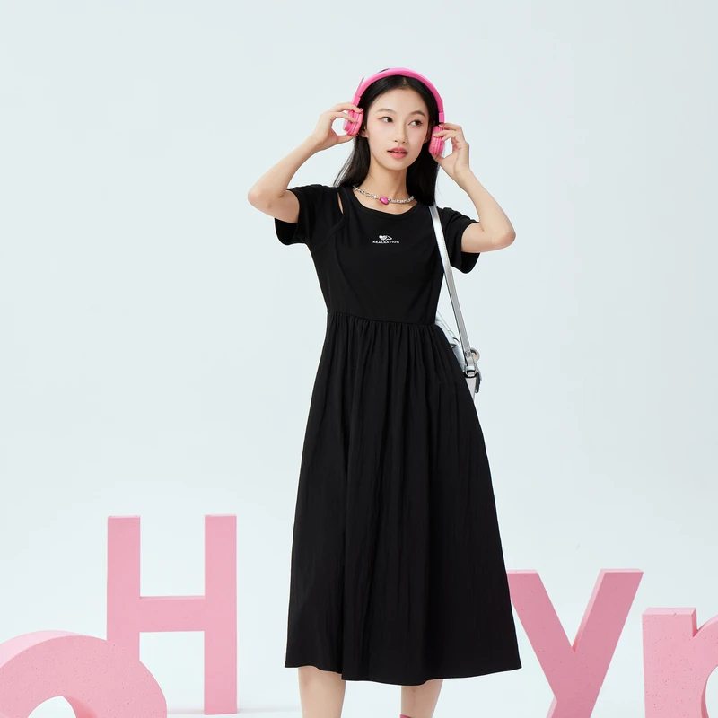 紫涵休闲款连衣裙女2025夏季新款镂空肩松紧腰中长Z4Z03AH110