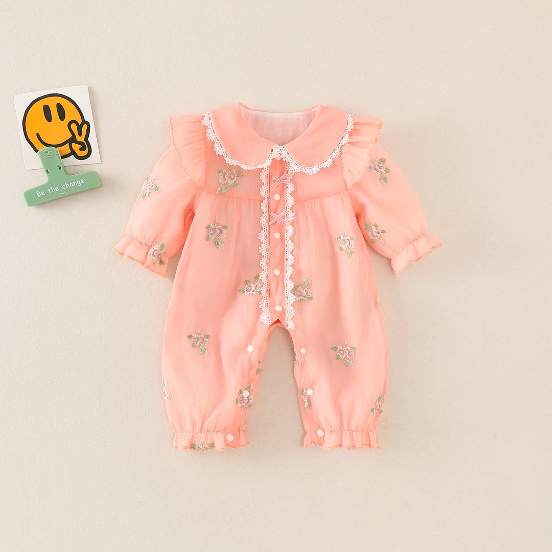 婴幼儿新生儿宝宝薄款外出服中国风玫瑰刺绣洋气连体衣