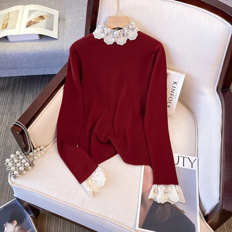韩系蕾丝拼接高领新款显瘦修身温柔打底上衣女洋气打底衫内搭