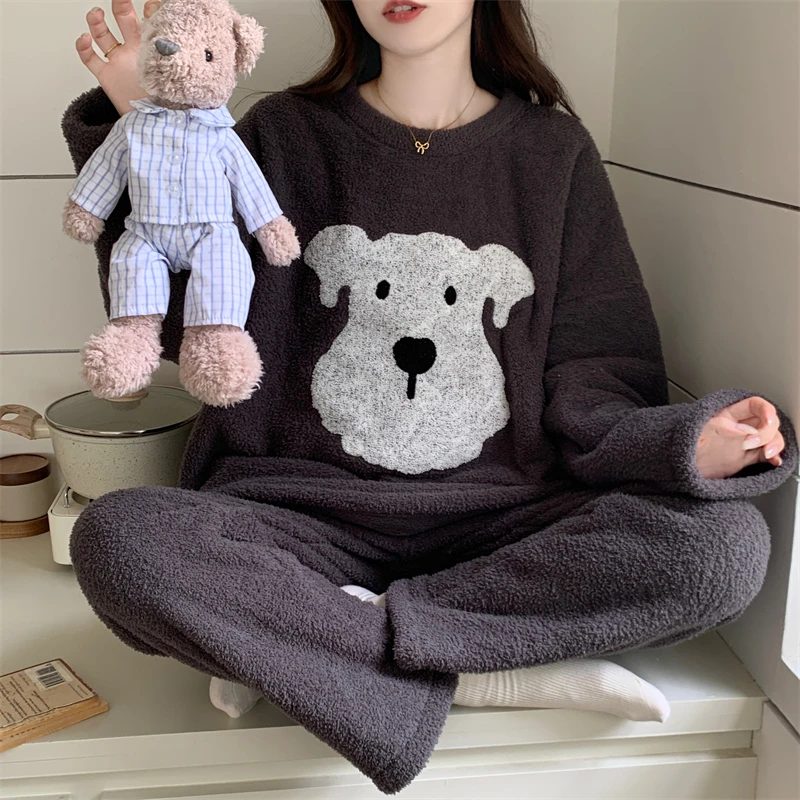 半边绒女士睡衣冬季新款卡通可爱保暖加厚长袖长裤家居服两件套