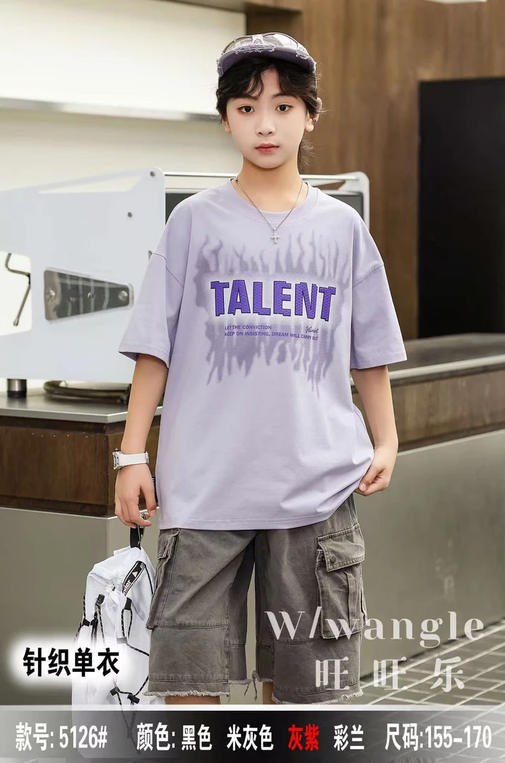 橙子家 5126#TALE紫色印花潮牌短袖