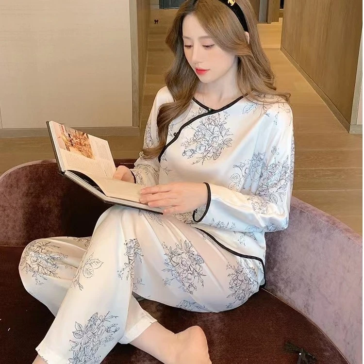 国风家居服套装女潮花开富贵新中式水墨画冰丝睡衣女高级感两件套