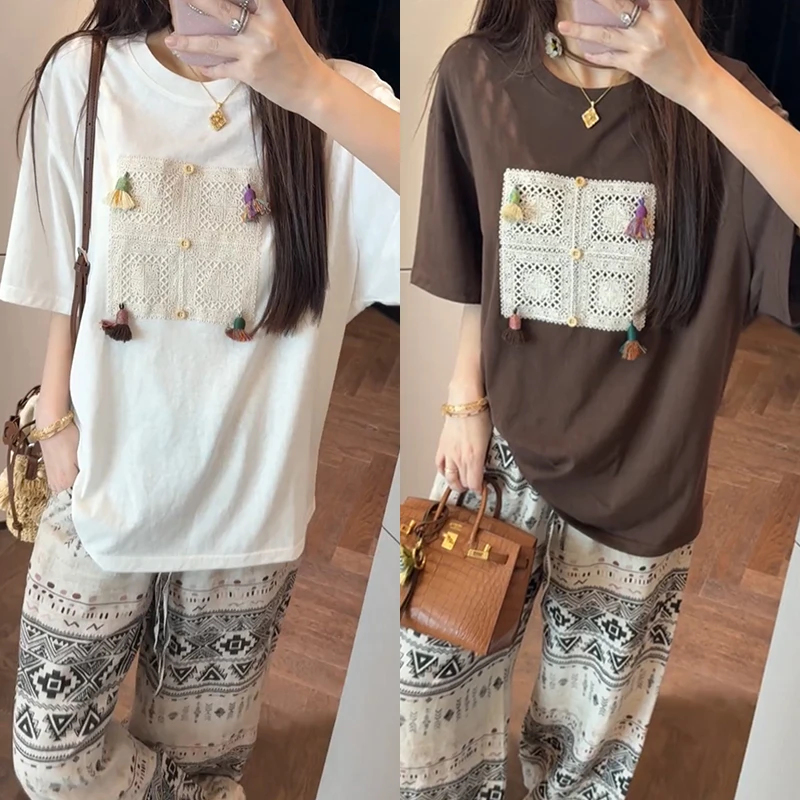 【mimius】喵喵 波嬉民族风重工蕾丝钩花流苏短袖上衣+长裤 G05614