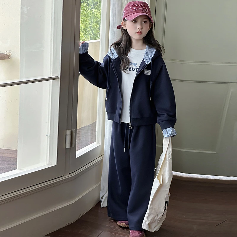 女童运动套装2025新款春秋款时尚儿童格子连帽开衫外套打底休闲裤