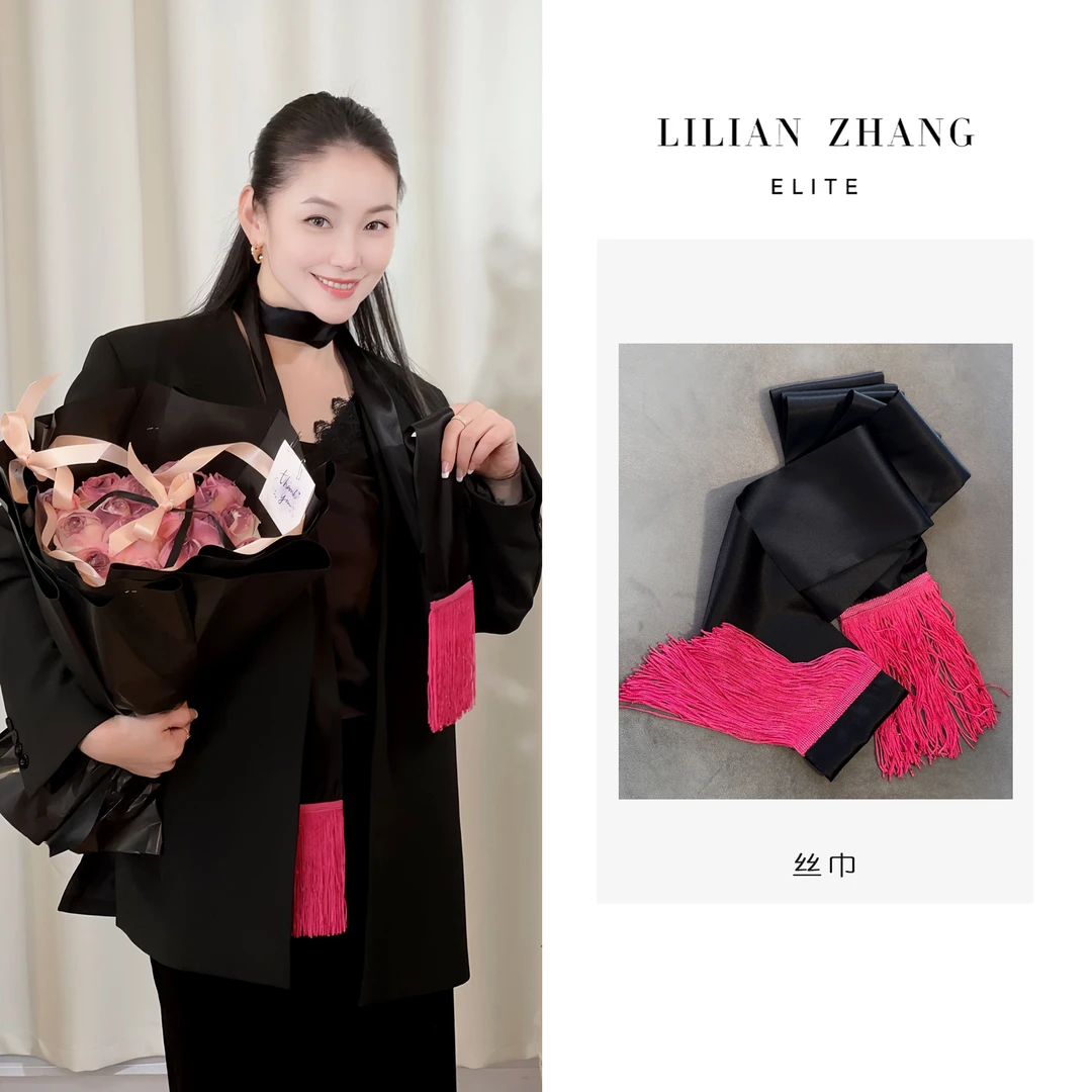 LILIAN ZHANG 定制—“薄雾玫瑰”—优雅流苏拼接黑色长丝巾 2413006