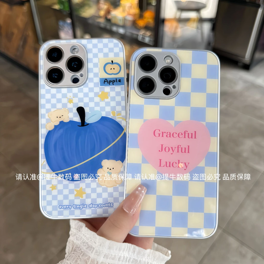 苹果/小米/华为/荣耀/OPPO/VIVO 清新蓝苹果金属漆钢化玻璃手机壳