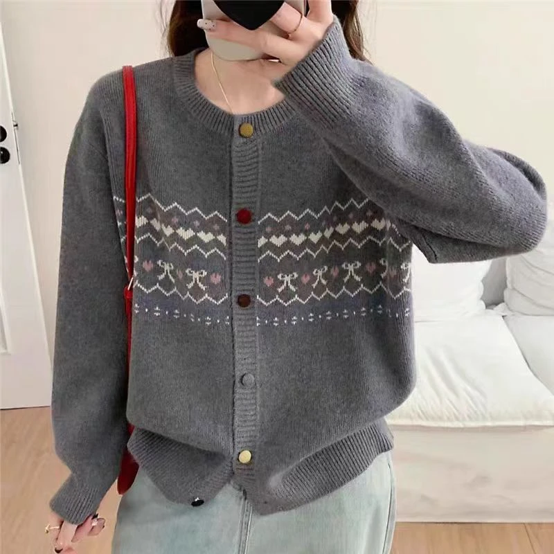 女毛针织衫韩版宽松蝴蝶结针织衫开衫秋季网红提花