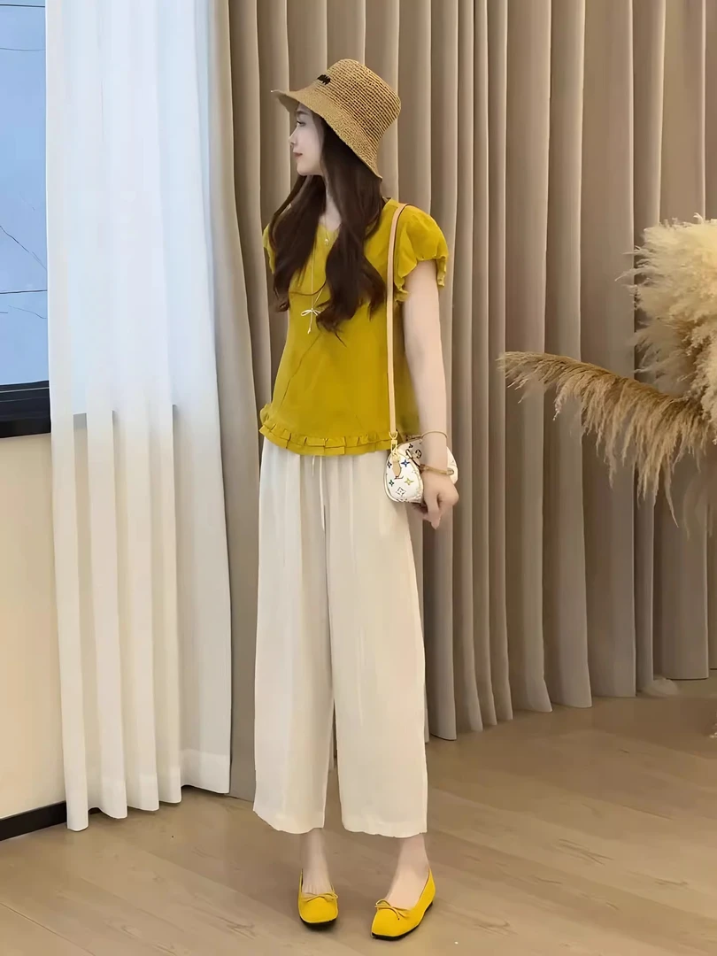 韩系多巴胺穿搭黄色上衣休闲裤套装女夏季小个子ins风甜美两件套