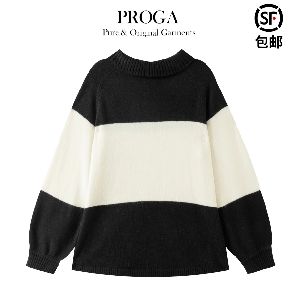 【30羊绒70美丽诺羊毛】极简长袖毛针织衫毛衣套头款老钱拼色女上衣