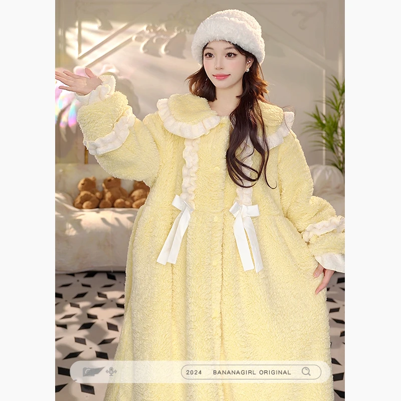 Bananagirl【香草柠檬】睡衣女秋冬新年中长款加绒睡袍家居服可外穿